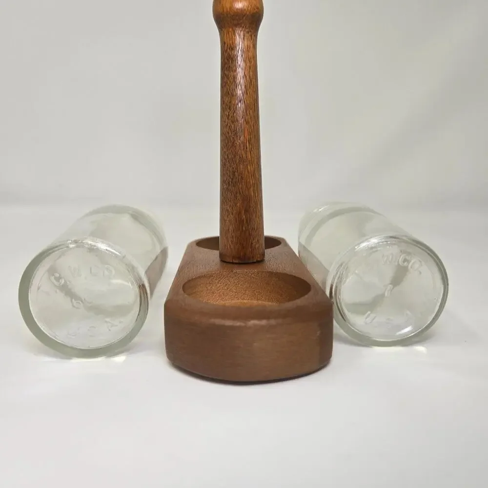 US Plywood Corp Clear Glass Salt and Pepper Shakers Wood Stand Cruet Set Unused